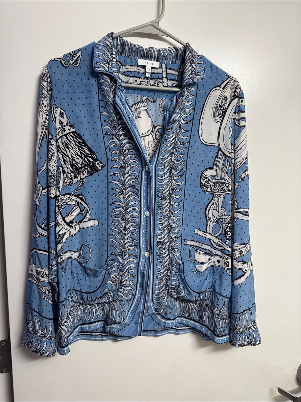 Reiss Powder Blue Equestrian Print Button-Down Jacket